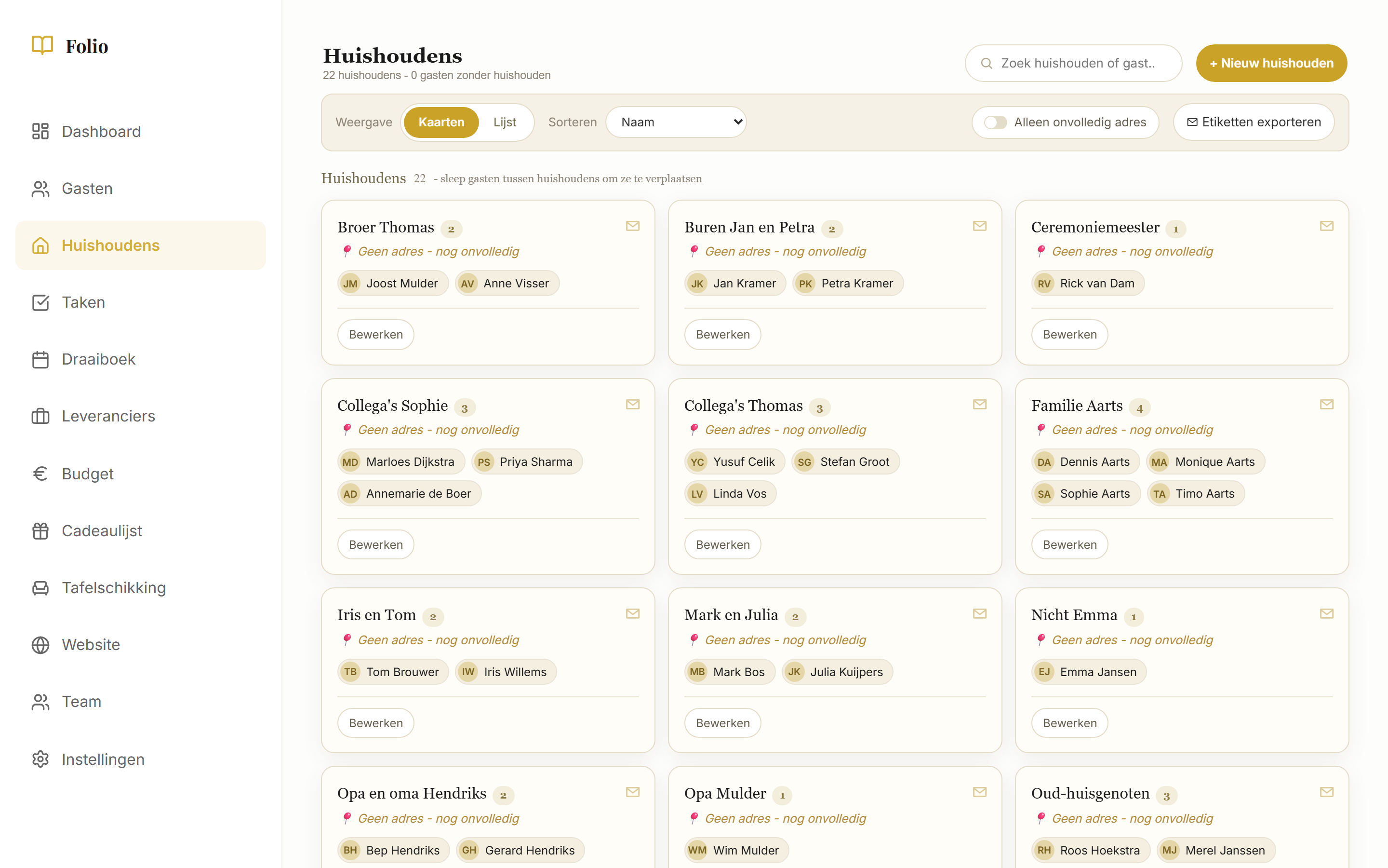 Huishoudensbeheer met adresetiketten in Folio