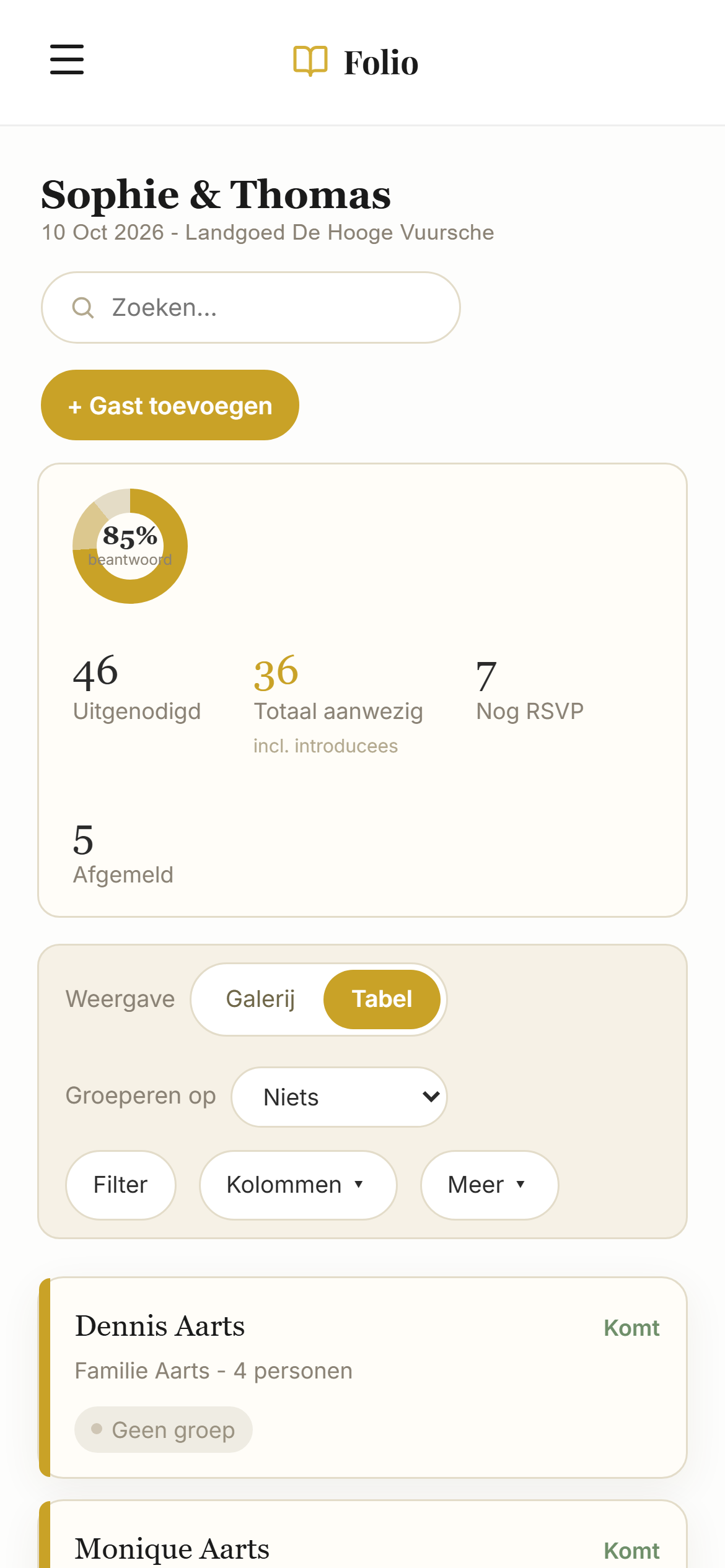 Gastenlijst op mobiel in Folio